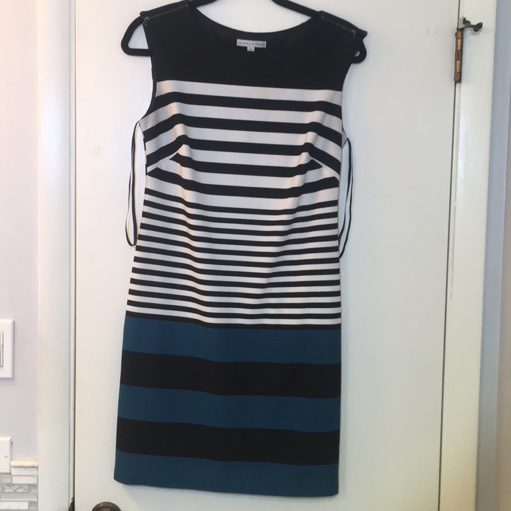 Black, White, Teal Striped Sheath Dress
